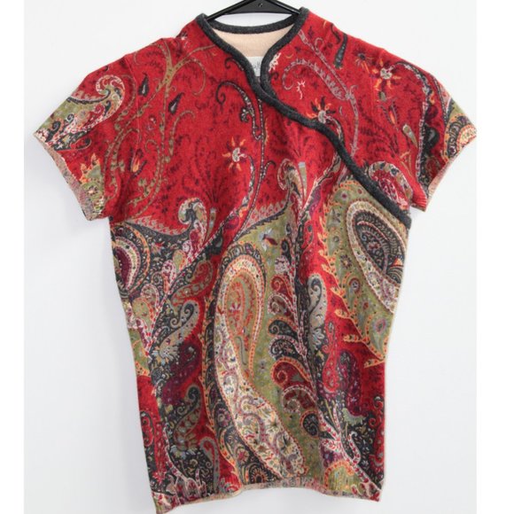 Neiman Marcus, Paisley Print Cashmere Petite short-sleeve sweater, SP - Picture 1 of 2